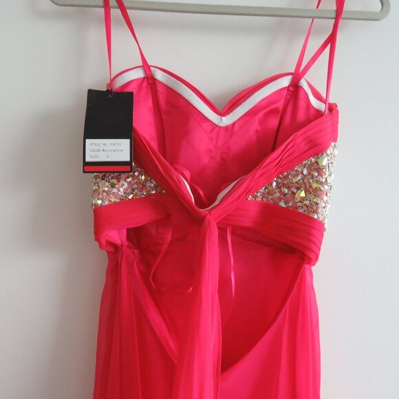 LA FEMME 18733 Beaded Bodice Chiffon Strapless Maxi Prom Dress Watermelon 4 NWT - Picture 11 of 15